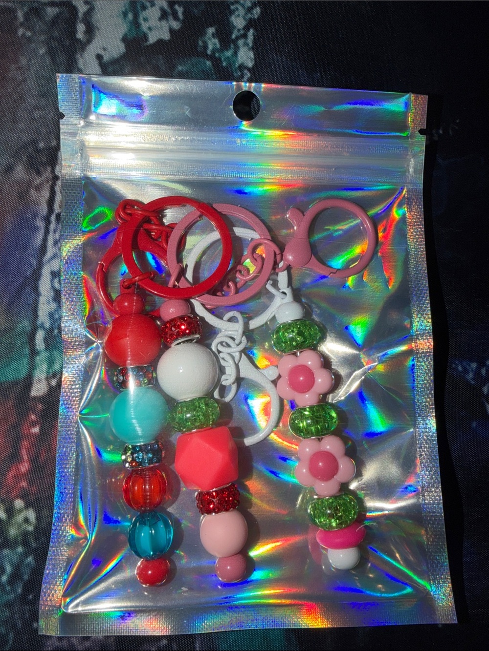 Colorful Beaded Keychain Set — Pink, Red, Green, White & Aqua 3 piece set